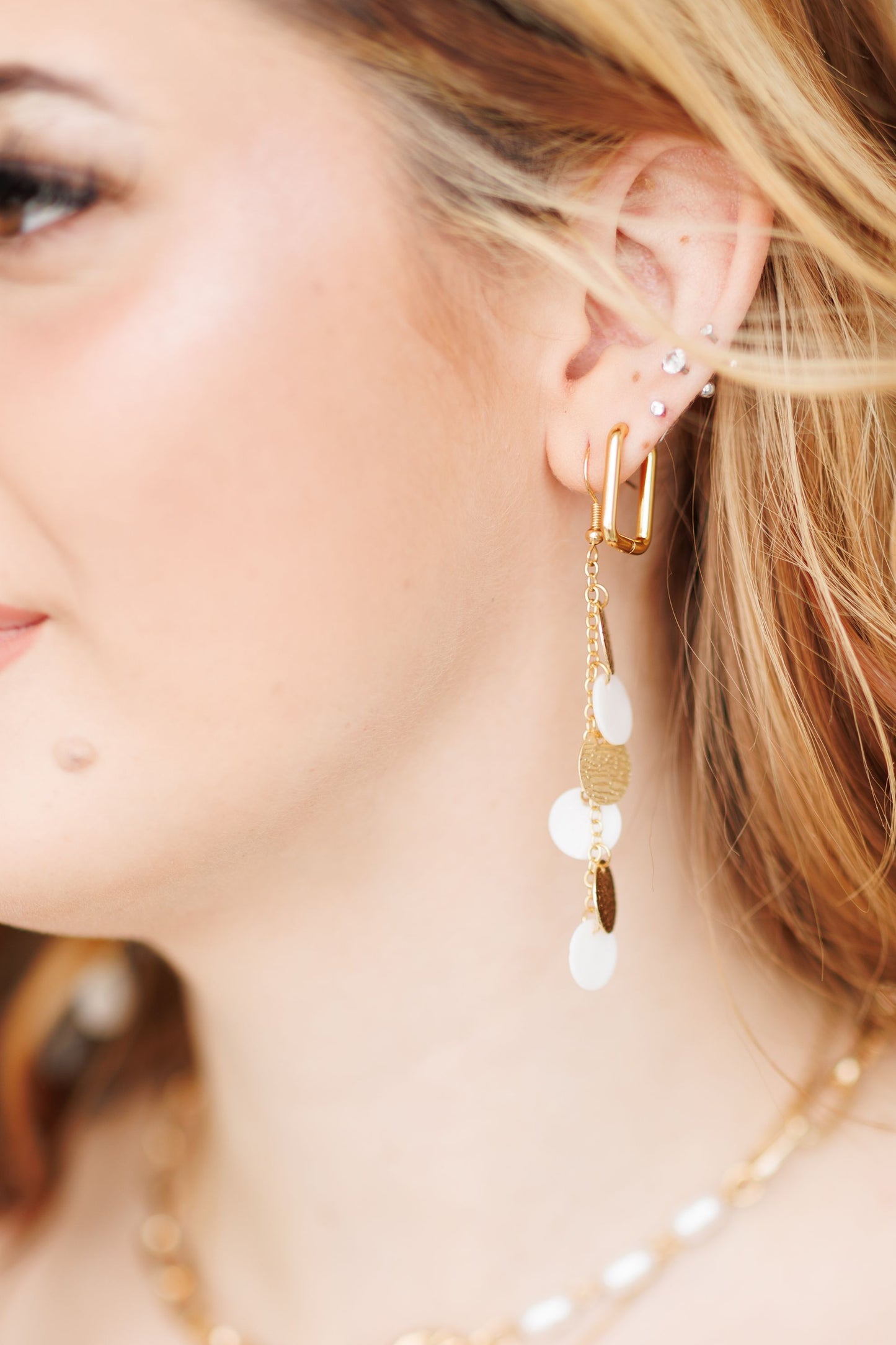 Beautiful Gold and White Disc Drop Earrings