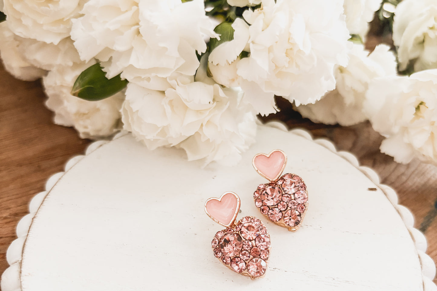 Beautiful Gold and Pink Crystal Heart Earrings