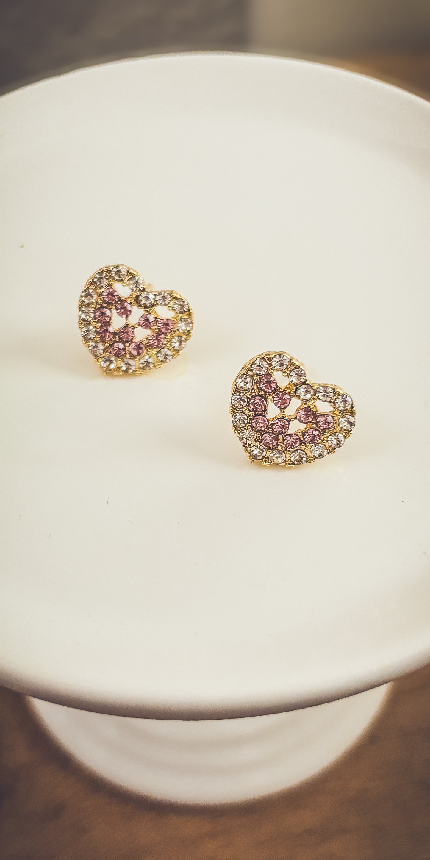 Beautiful Gold and Pink Crystal Heart Earrings