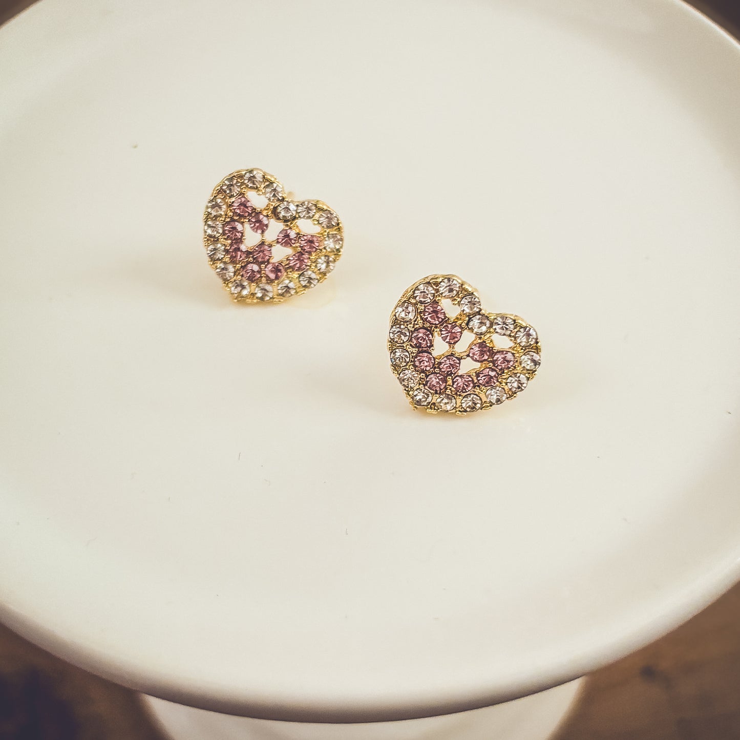 Beautiful Gold and Pink Crystal Heart Earrings