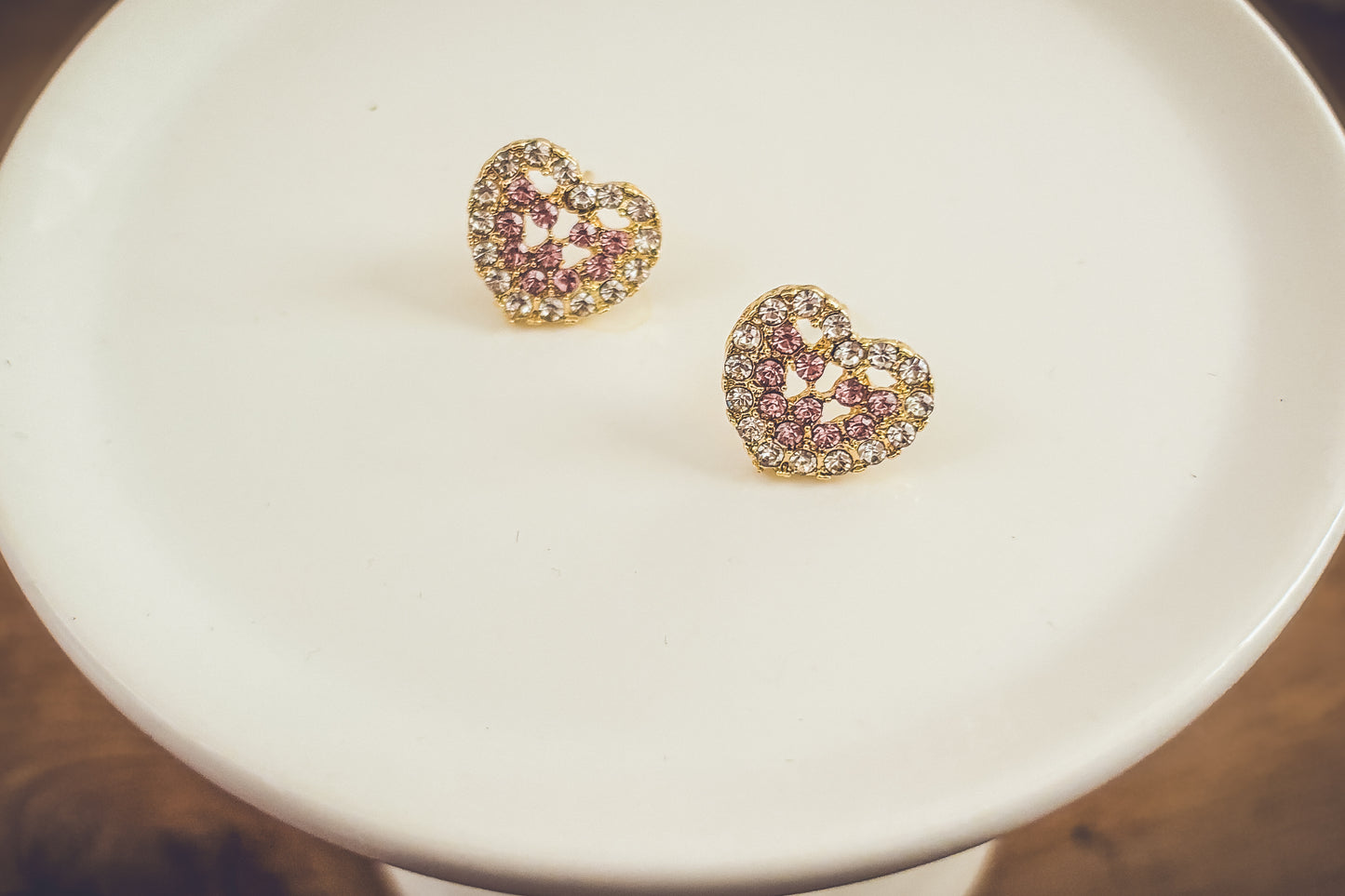 Beautiful Gold and Pink Crystal Heart Earrings