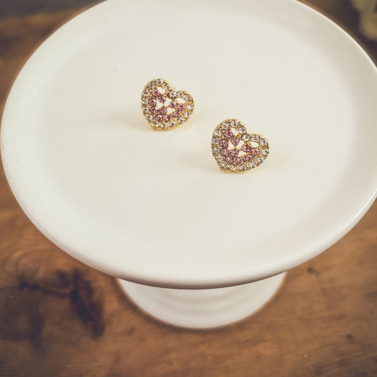 Beautiful Gold and Pink Crystal Heart Earrings