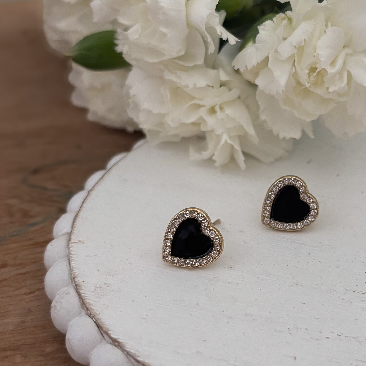 Beautiful Black and Crystal Heart Earrings