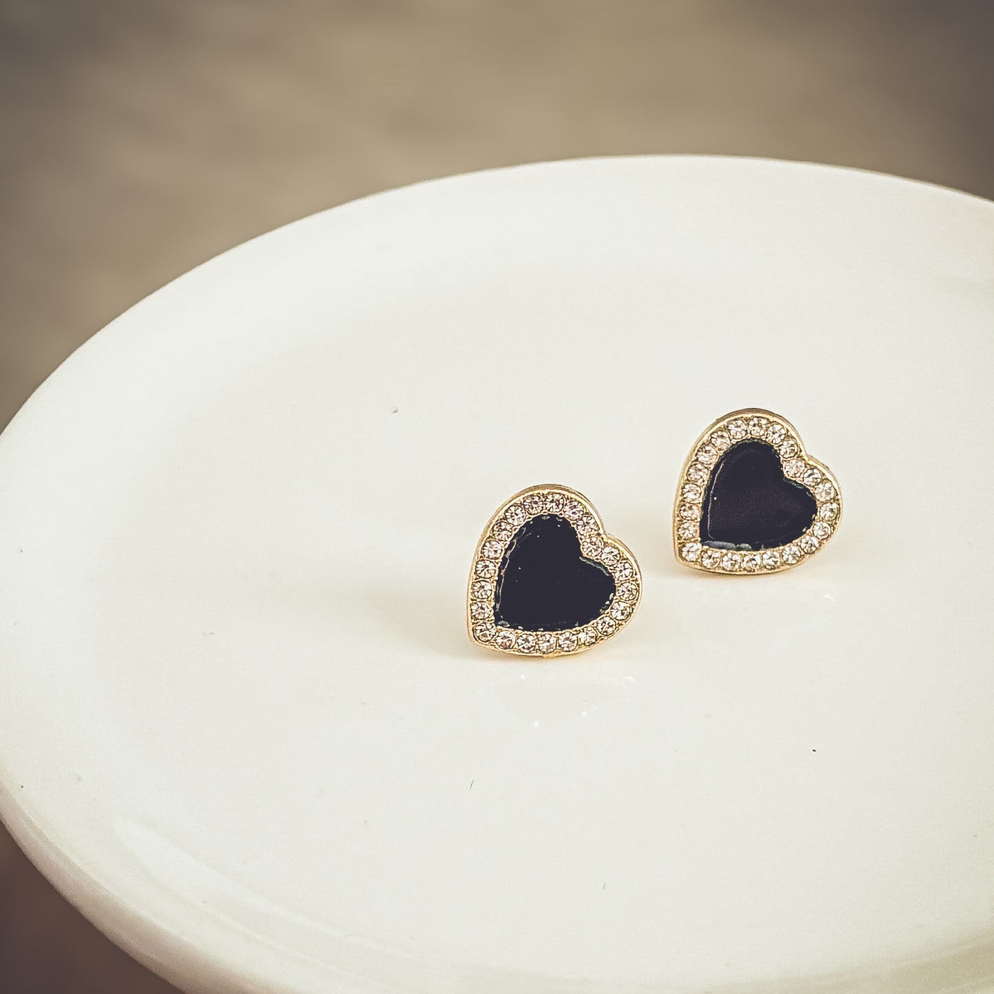 Beautiful Black and Crystal Heart Earrings