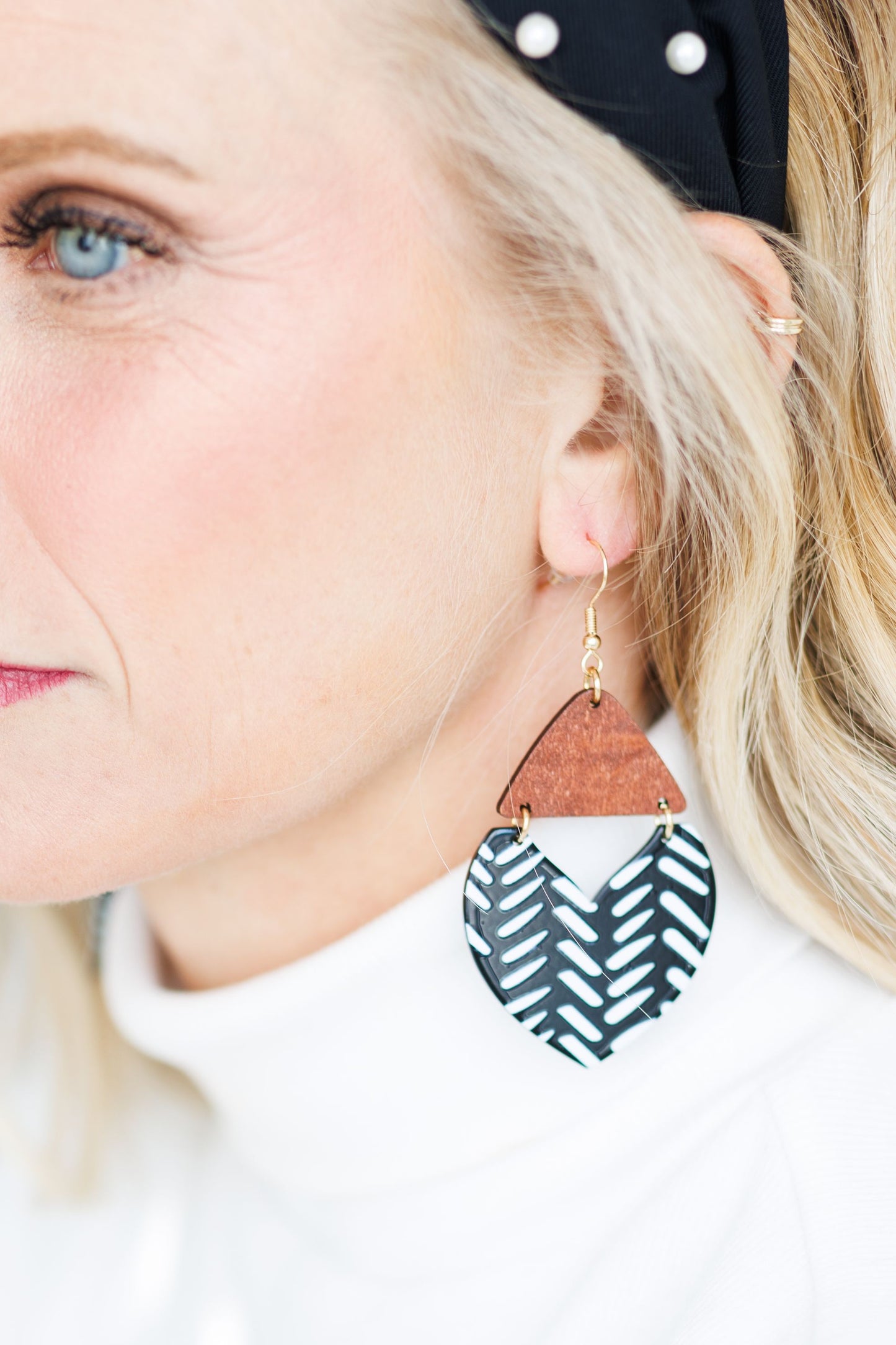 Beautiful Wood and Black and White Geometric Drop Earrings