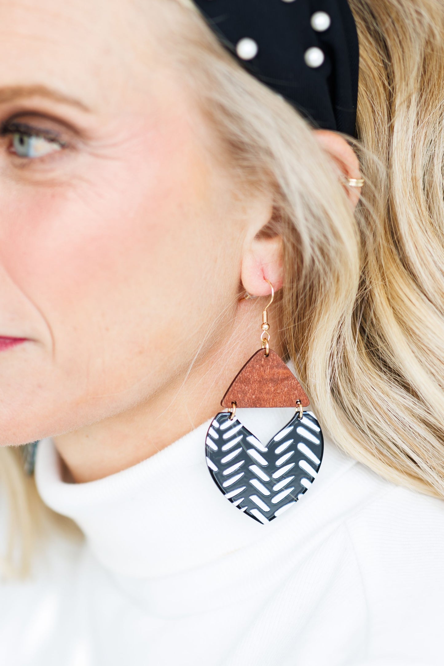 Beautiful Wood and Black and White Geometric Drop Earrings