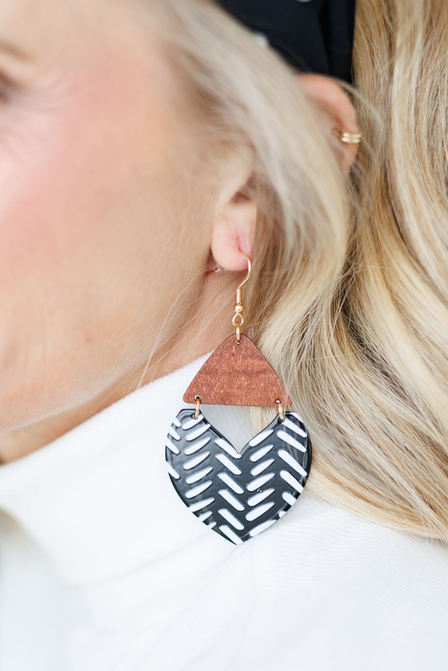 Beautiful Wood and Black and White Geometric Drop Earrings