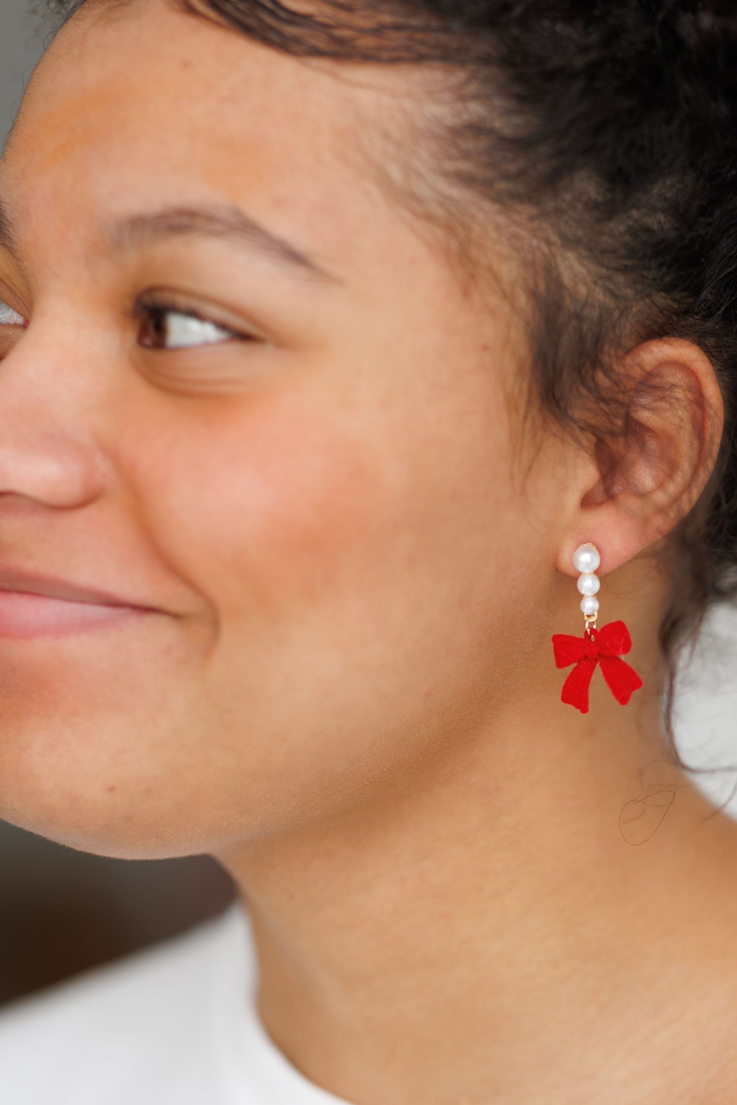 Beautiful Red Bow and Pearl Earrings