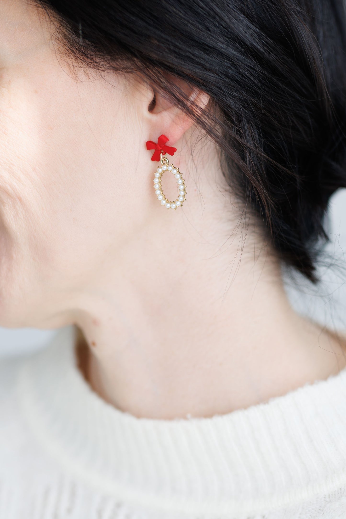 Beautiful Red Bow and Pearl Earrings