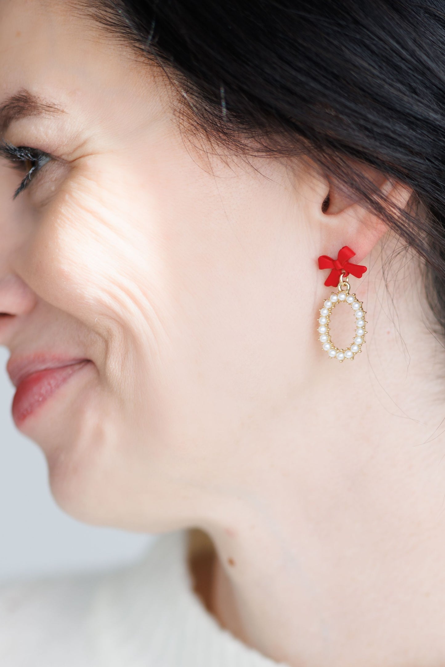 Beautiful Red Bow and Pearl Earrings