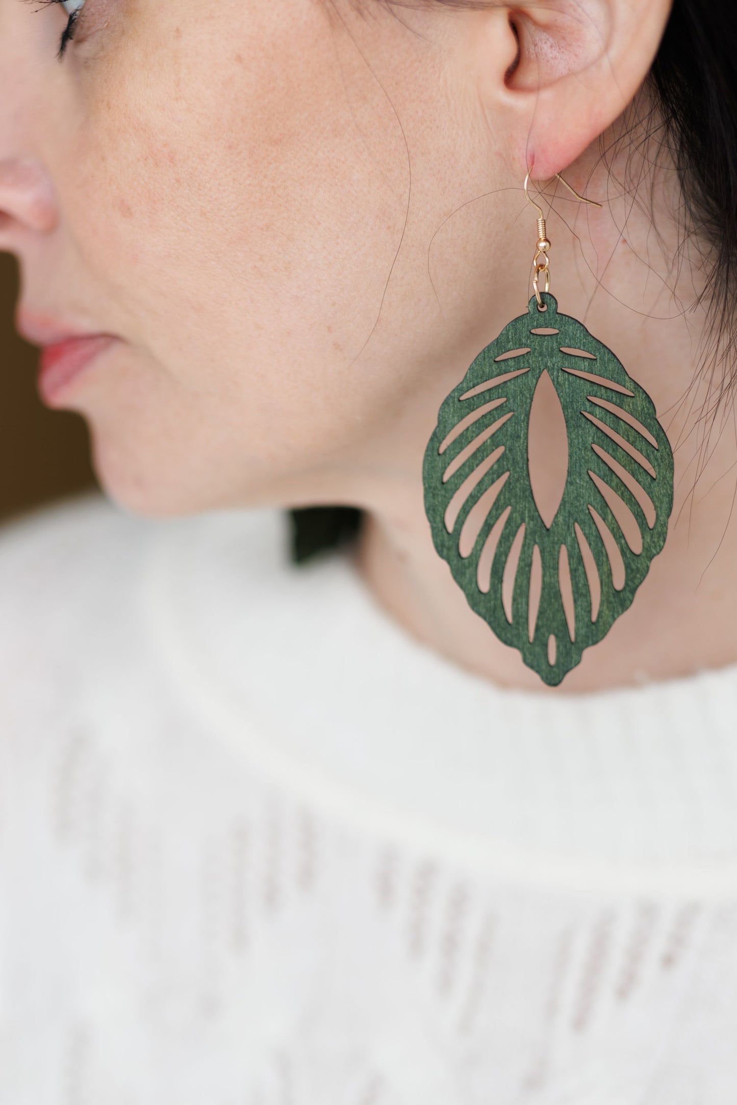 Beautiful Green Wood Leaf Earrings