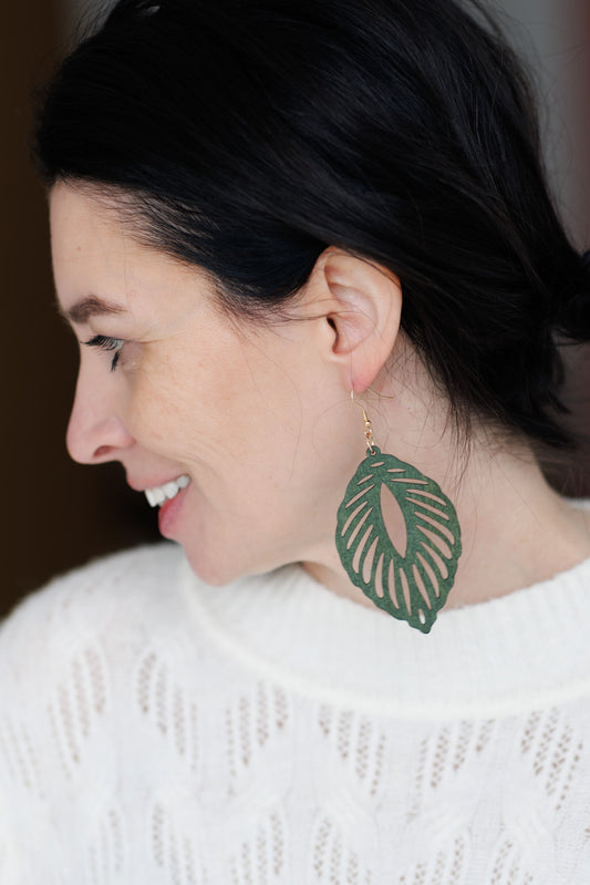 Beautiful Green Wood Leaf Earrings