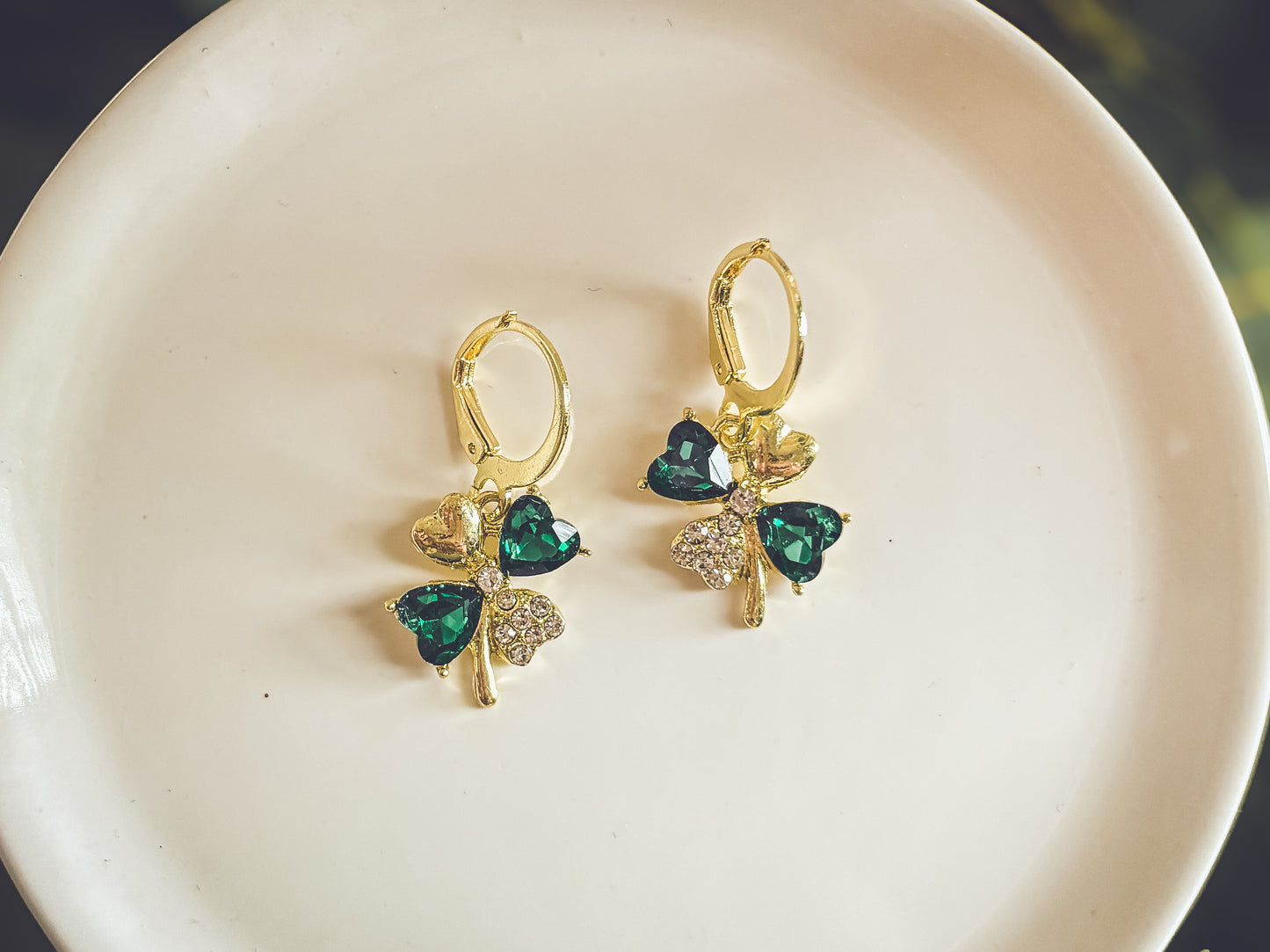 Beautiful Gold and Emerald Shamrock Earrings