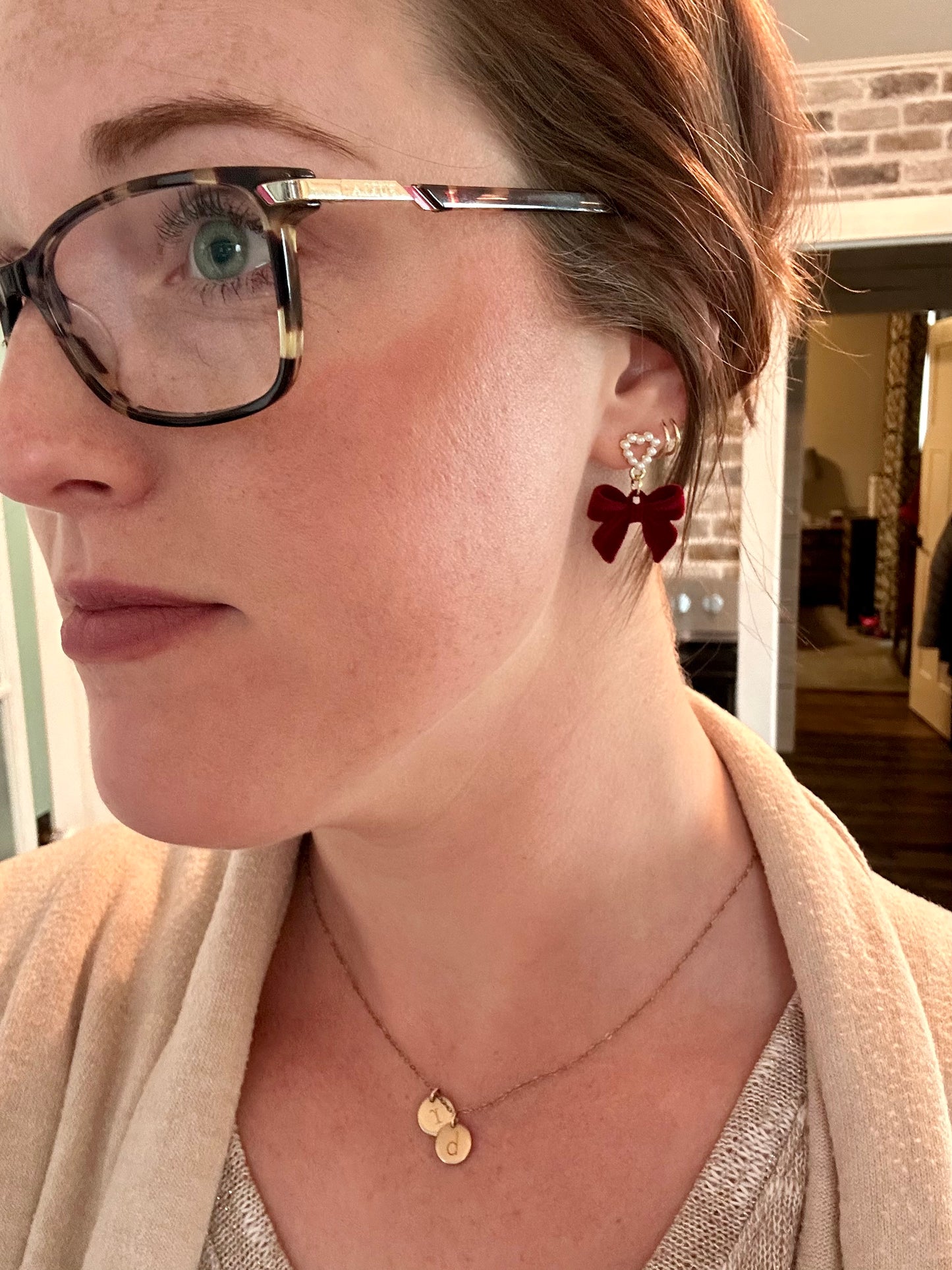 Beautiful Red Bow and Heart Pearl Earrings