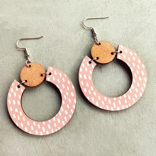 Beautiful Pink Wood Circle Earrings