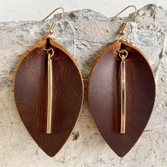 Genuine Leather Leaf Earrings with Gold Bar