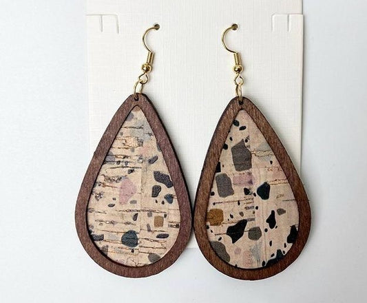 Beautiful Speckle Cork and Wood Drop Earrings