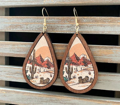 Beautiful Retro Cactus Wood Drop Earrings