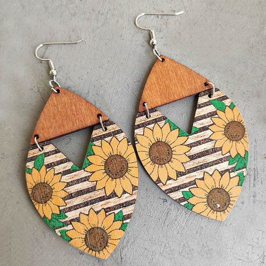 Beautiful Wood Sunflower Striped Earrings