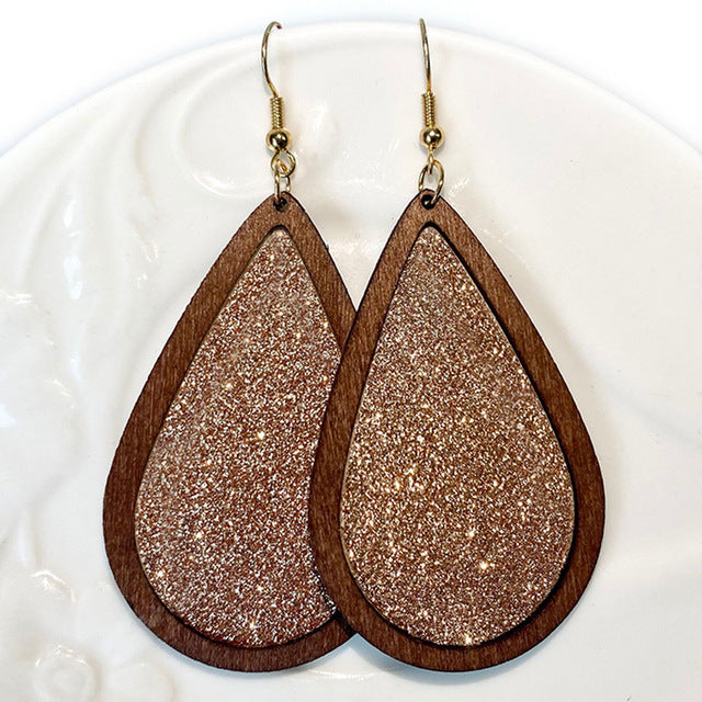 Beautiful Gold Glitter Wood Drop Earrings