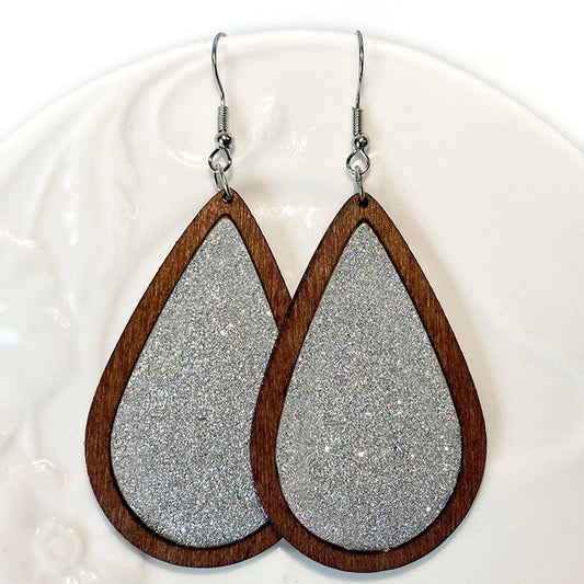 Gorgeous Silver Glitter Wood Drop Earrings
