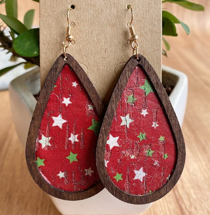 Festive Leather and Wood Christmas Earrings