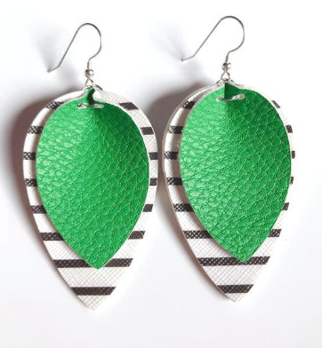 Green Striped Leather Drop Earrings