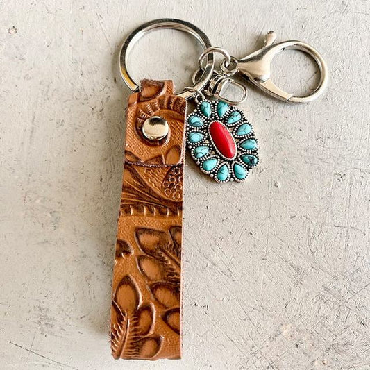 Beautiful Southwest Leather Key Chain with Turquoise Pendants