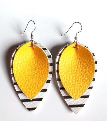 Yellow Striped Leather Drop Earrings