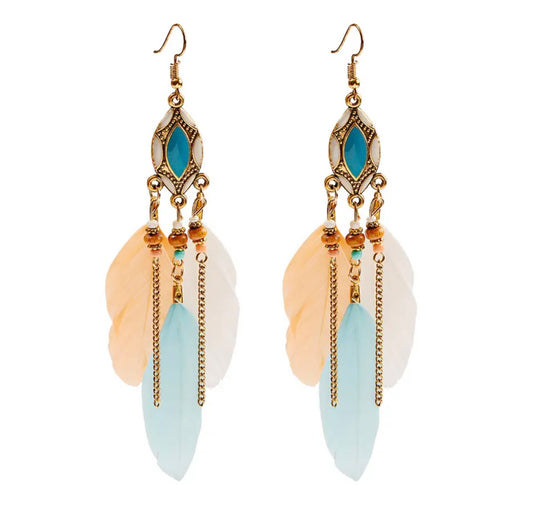 Beautiful Peach and Turquoise Bohemian Feather Earrings