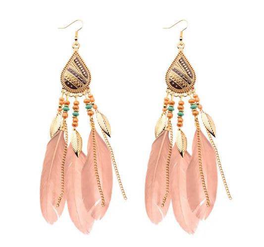 Beautiful Bohemian Rose Pink Feather Earrings