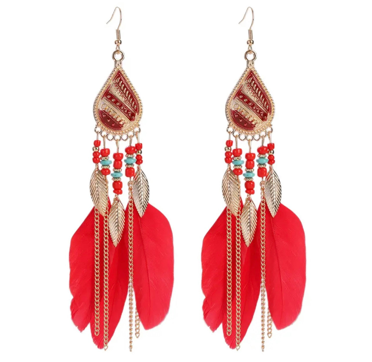 Beautiful Bohemian Red Feather Earrings