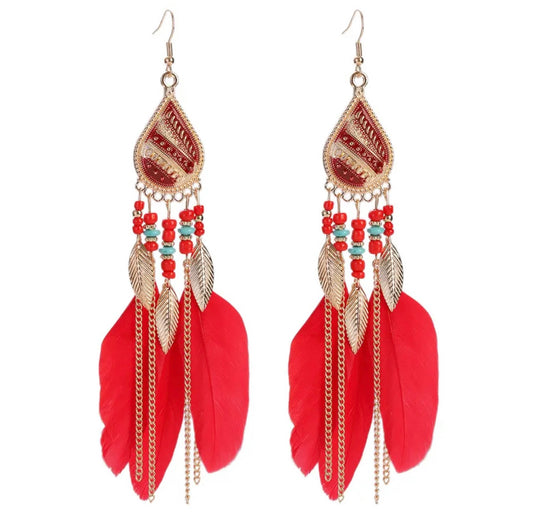 Beautiful Bohemian Red Feather Earrings