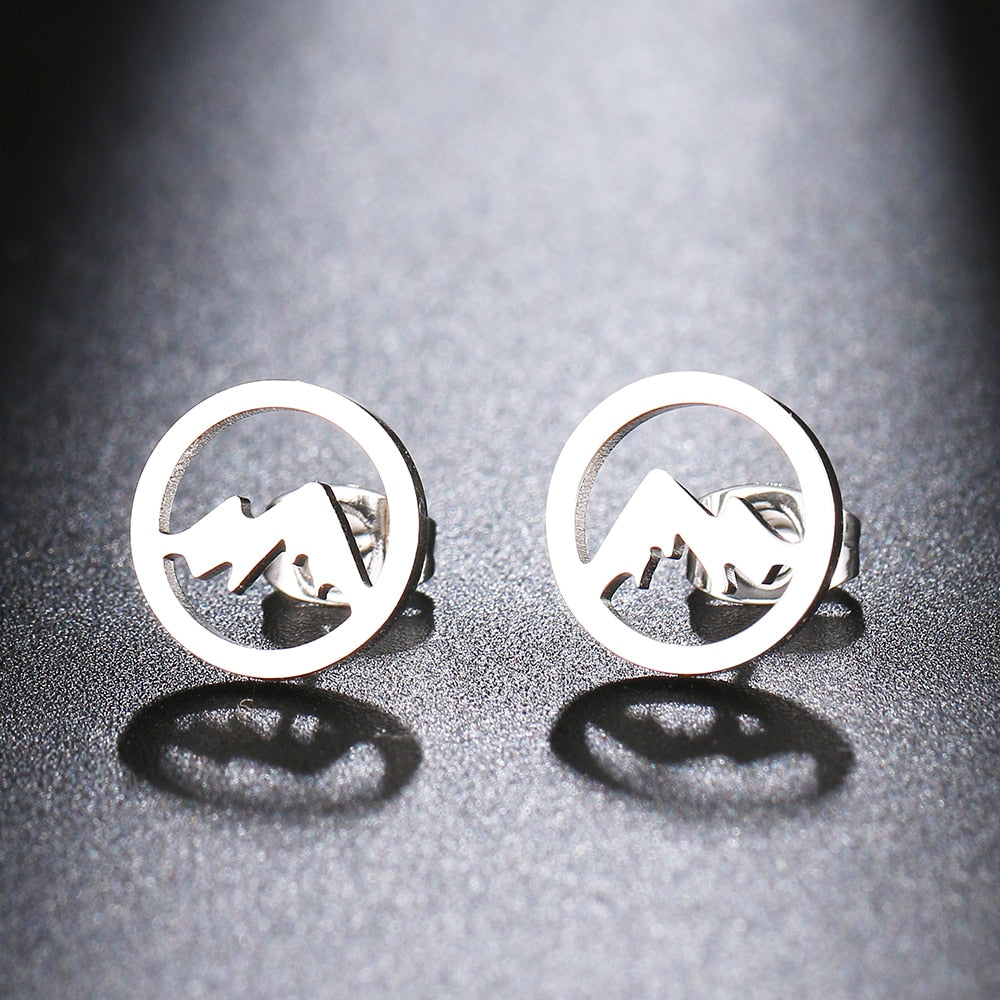 Stainless Steel Gold or Silver Round Mountain Earrings