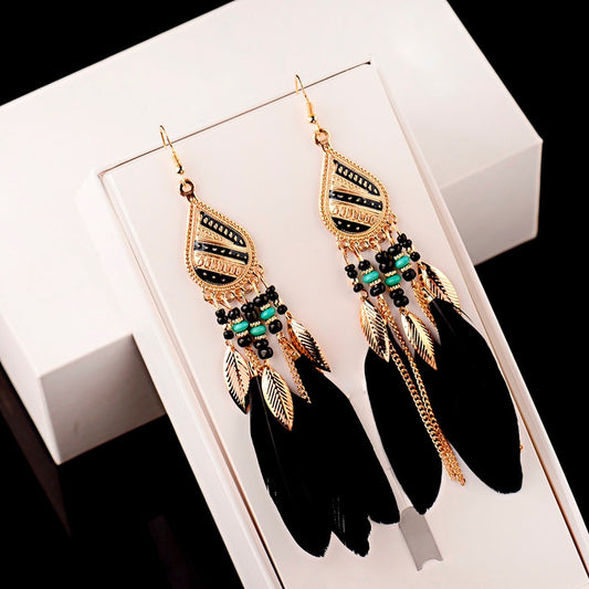 Gold Black Feather and Turquoise Earrings