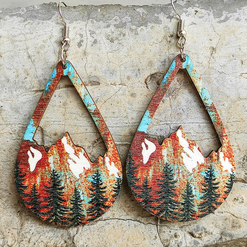 Beautiful Snowy Mountain and Forest Wood Earrings
