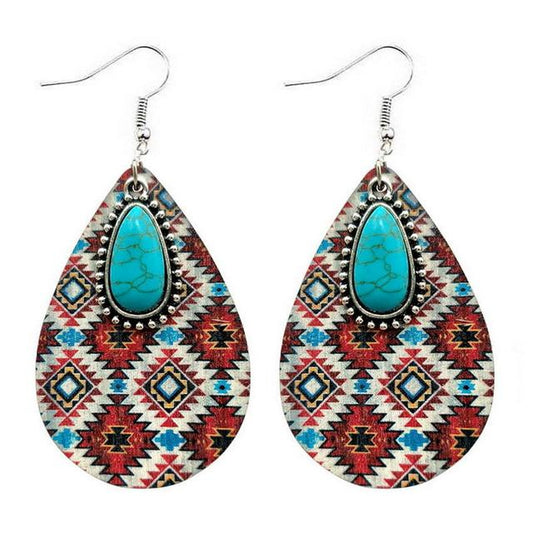 Southwest Wood Earrings with Turquoise Drop Accent