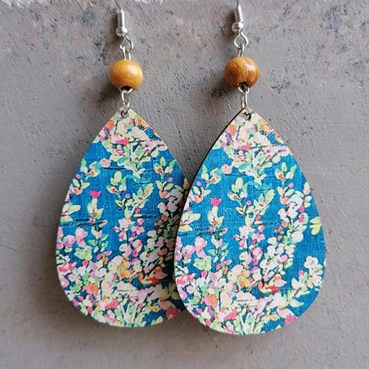 Beautiful Blue Wood Floral Drop Earrings