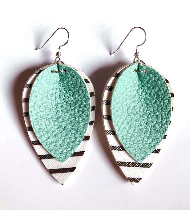 Mint Striped Leather Drop Earrings