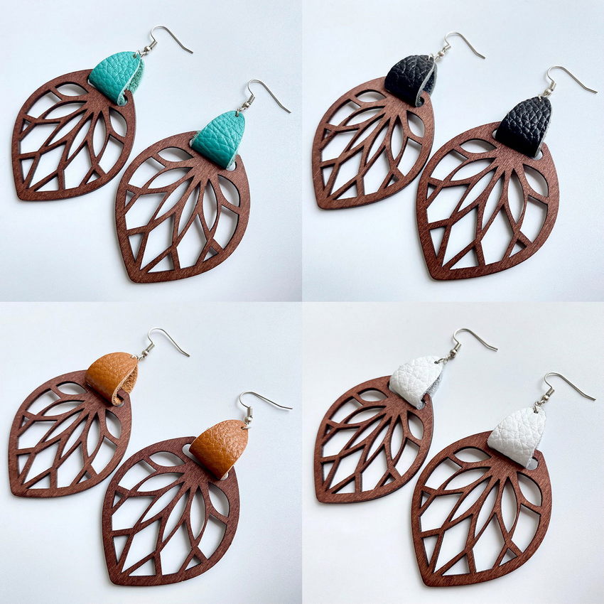 Genuine Leather Wrap Cutout Wood Leaf Drop Earrings