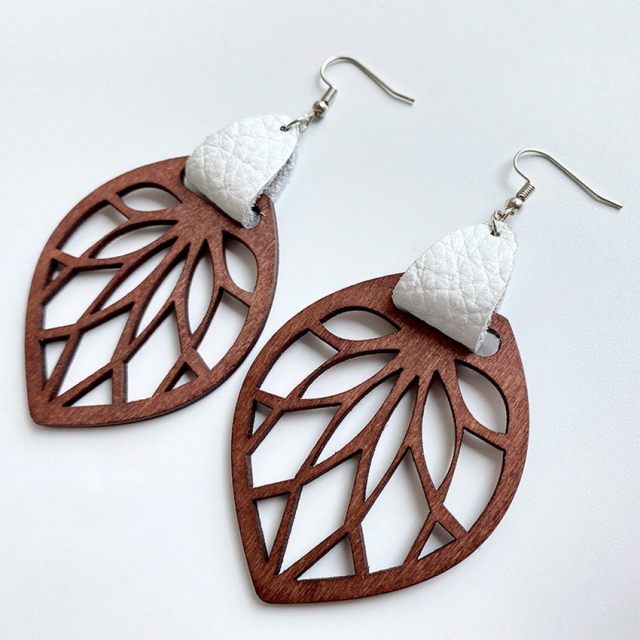 Genuine Leather Wrap Cutout Wood Leaf Drop Earrings