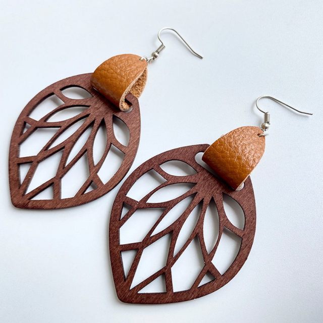 Genuine Leather Wrap Cutout Wood Leaf Drop Earrings