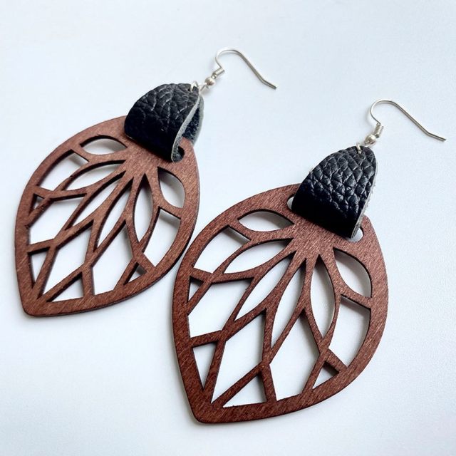 Genuine Leather Wrap Cutout Wood Leaf Drop Earrings