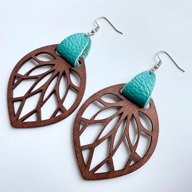 Genuine Leather Wrap Cutout Wood Leaf Drop Earrings